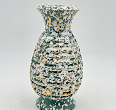 Vintage Brutalist Drip Glaze Vase Ceramic 22k Gold Accents MCM Green White 7.25''