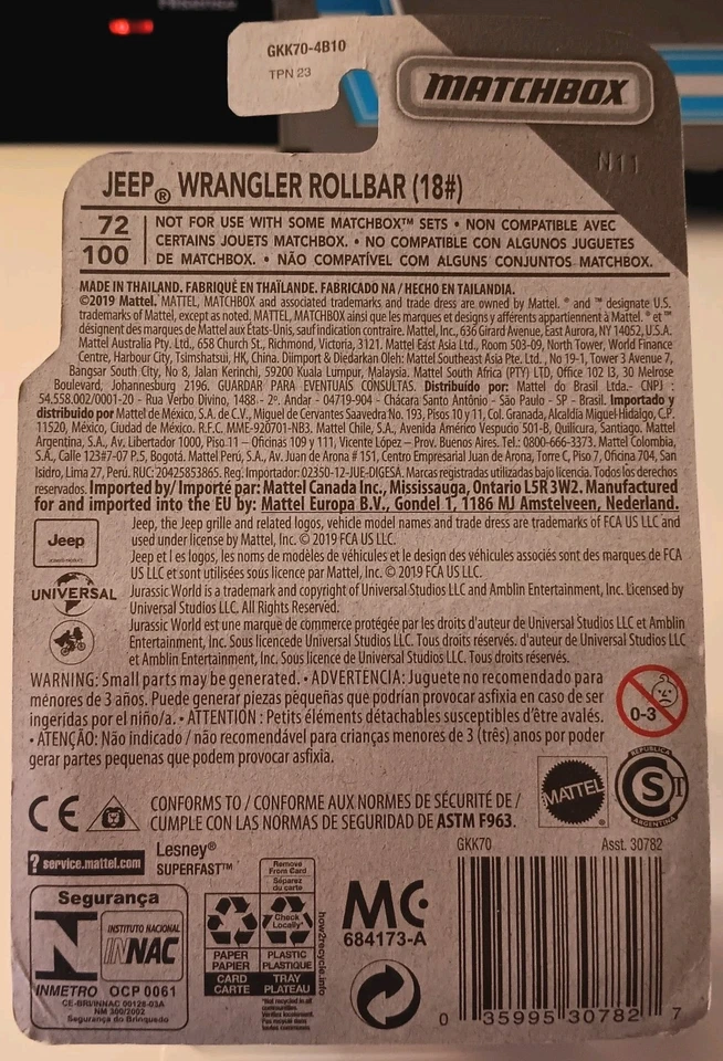Matchbox Jeep Wrangler Rollbar 18# MBX Jungle Jurassic Park NEW 2019 Die-cast 72 - Image 2 of 2