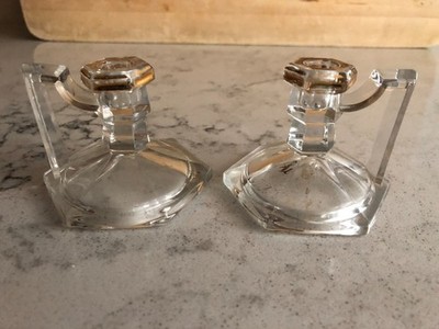Krys-Tol Pair Antique Candle Holders Clear Glass with Gold Chippendale Pattern
