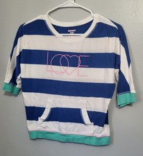 Blue Striped Short Sleeve Love Heart Shirt  Size Large 10/12