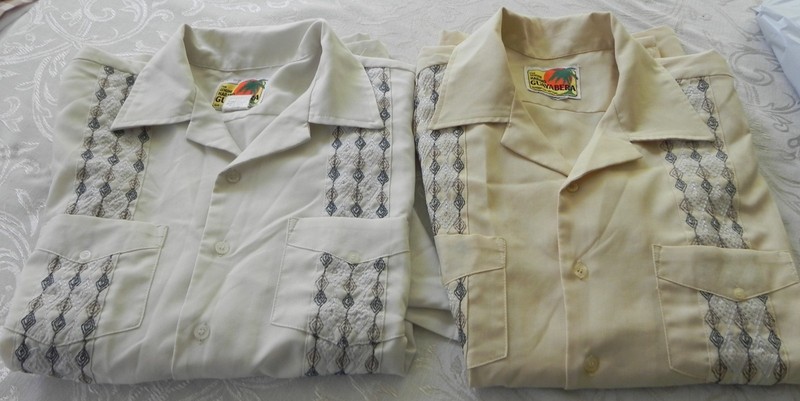 2 VTG Haband Guayabera Cuban Button Short Sleeve Shirts Beige & Lt Yellow Sz L !