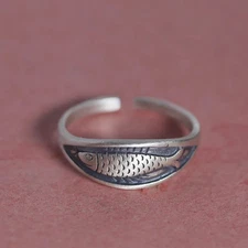 Retro Fish Ring Sterling Silver 925 Geometric Adjustable Open Cocktail Band