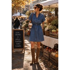 MNG Mango Lyocell Chambray Denim Shirt Dress Fall Boho Coastal Casual Sz L