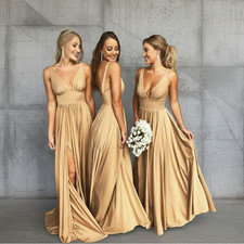 Elegant V-Neck Split Bridesmaid Dress Sleeveless Backless Long Evening Gown A