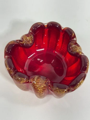 BAROVIER Murano Coronato D’Oro Gold Aventurine Red Art Glass Bowl Italy