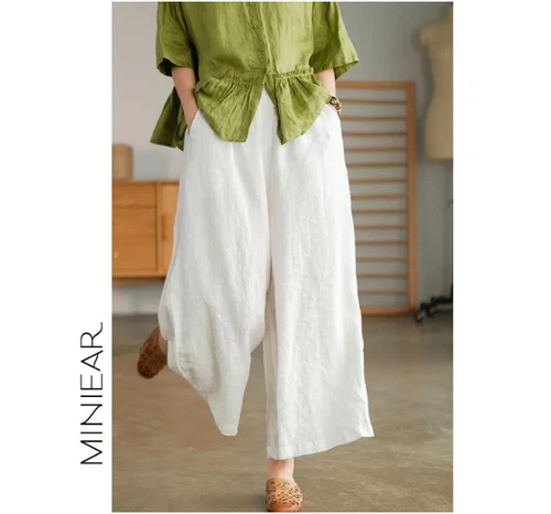 Sommer Damen Lockere Leinenhose Weites Bein Flachs Cropped Freizeit Komfort Hose  - Bild 3 von 20