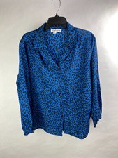 Lady Caribou Womens L Button Down Blouse Shirt, Blue Black Cheetah VTG USA-Made