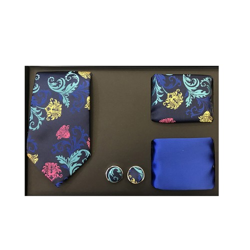 Nuevo Formal Hombres Corbata Delgada 2 Pañuelos Gemelos Conjunto de Regalo Flor Azul Oscuro - Imagen 1 de 3