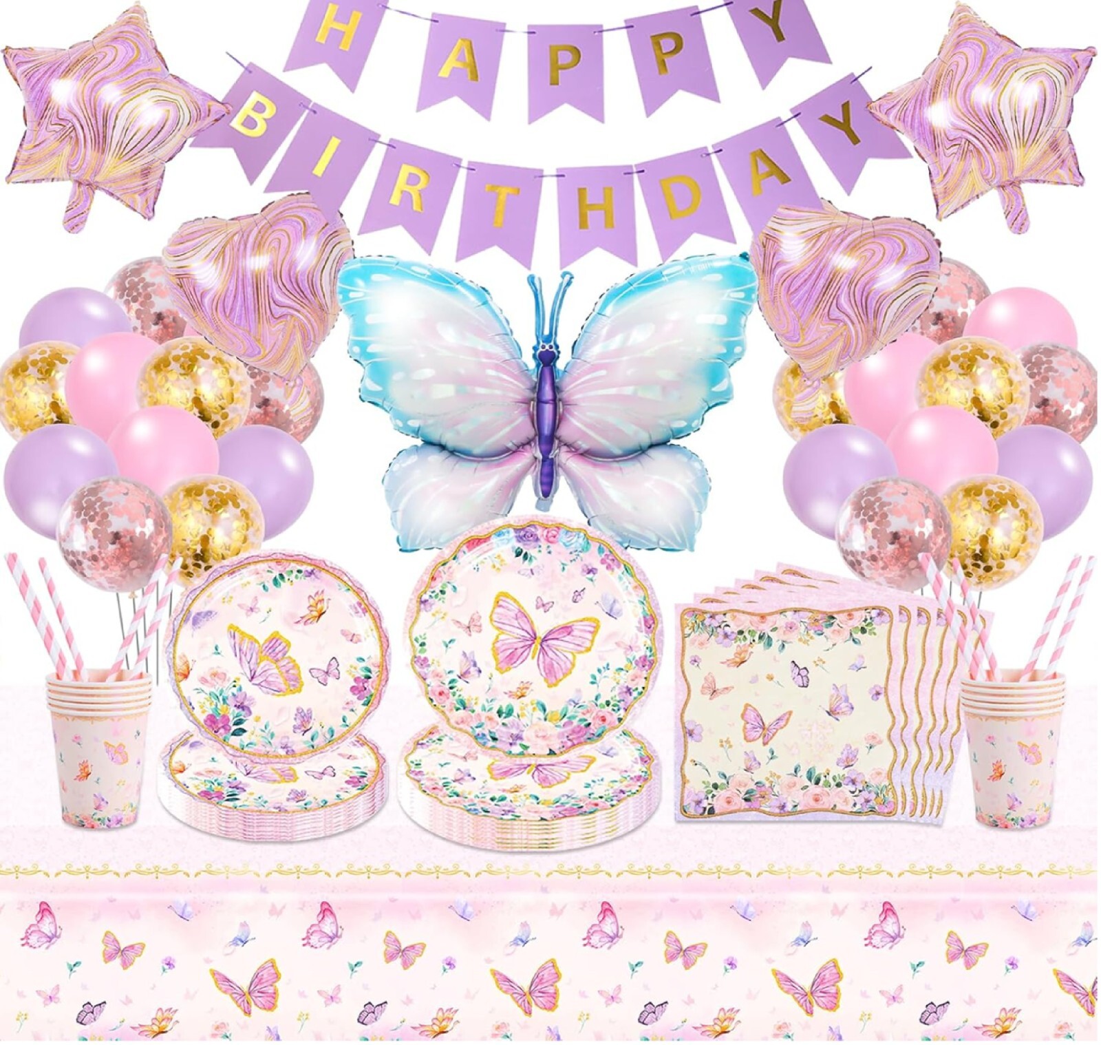Schmetterling Geburtstag Deko Kindergeburtstag Geschirr Mädchen-115Pcs Schmetter