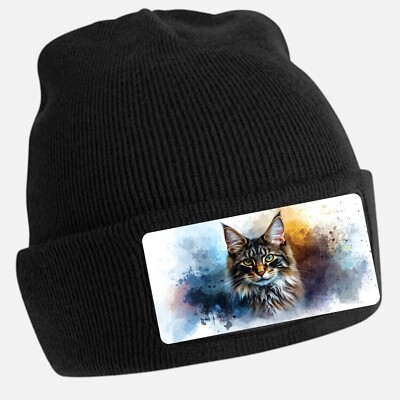 Black Cool Cat Print Beanie Hat - Unisex Cap, Cotton