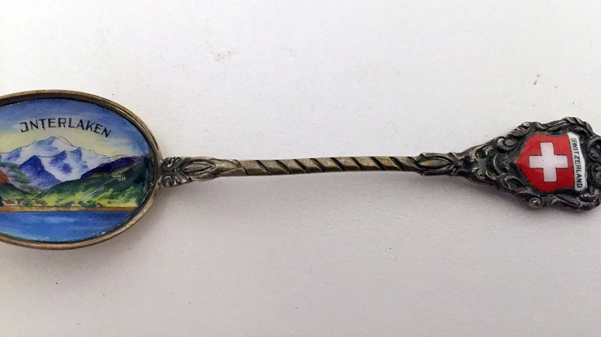 Old .800 Silver Hand Painted Enamel Souvenir Spoon Swiss Alps Interlaken, Marked