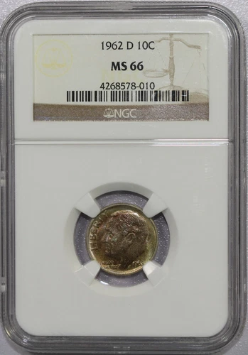 1962 D ROOSEVELT SILVER DIME MS66 NGC - NICE COLOR!