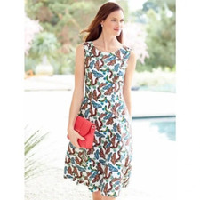 Talbots Butterfly Print Linen Cotton A-Line Midi Dress Size 10