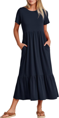 Women Summer Casual Short Sleeve Crewneck Aline Swing Flowy Tiered Shirt Maxi Be