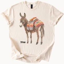Donkey Graphic Tee Yes Text with Colorful Blanket Funny Western Shirt
