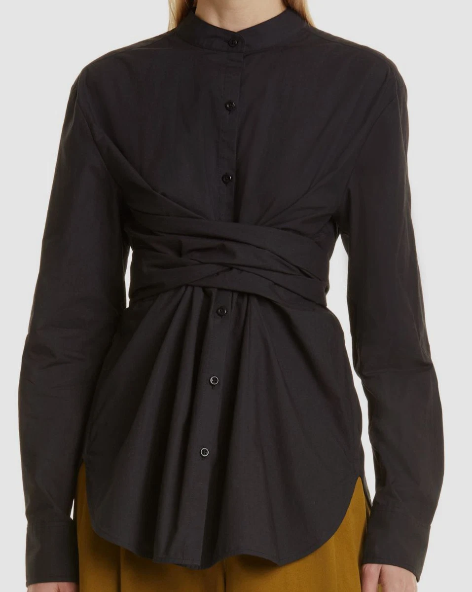 $350 Proenza Schouler Black Tied Cotton Poplin Shirt Size 8