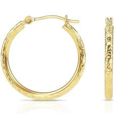 14K Real Solid Gold Hand Engraved Diamond-Cut Creole Hoops Earrings All Sizes
