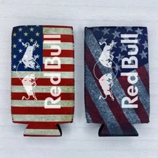 2 Red Bull SKINNY Thin Fan Beer Can Coozie Koozie USA Flag Gift QTY 2
