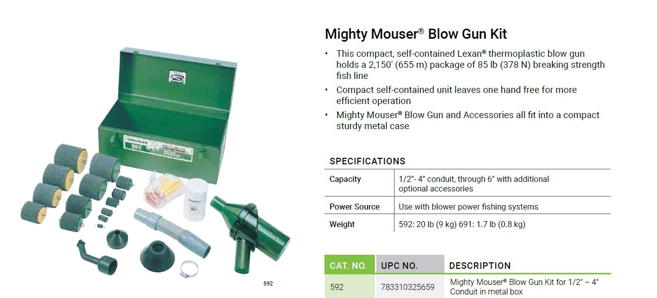Greenlee 592 Mighty Mouser Blow Gun Kit for 1/2" 4" Conduit in metal