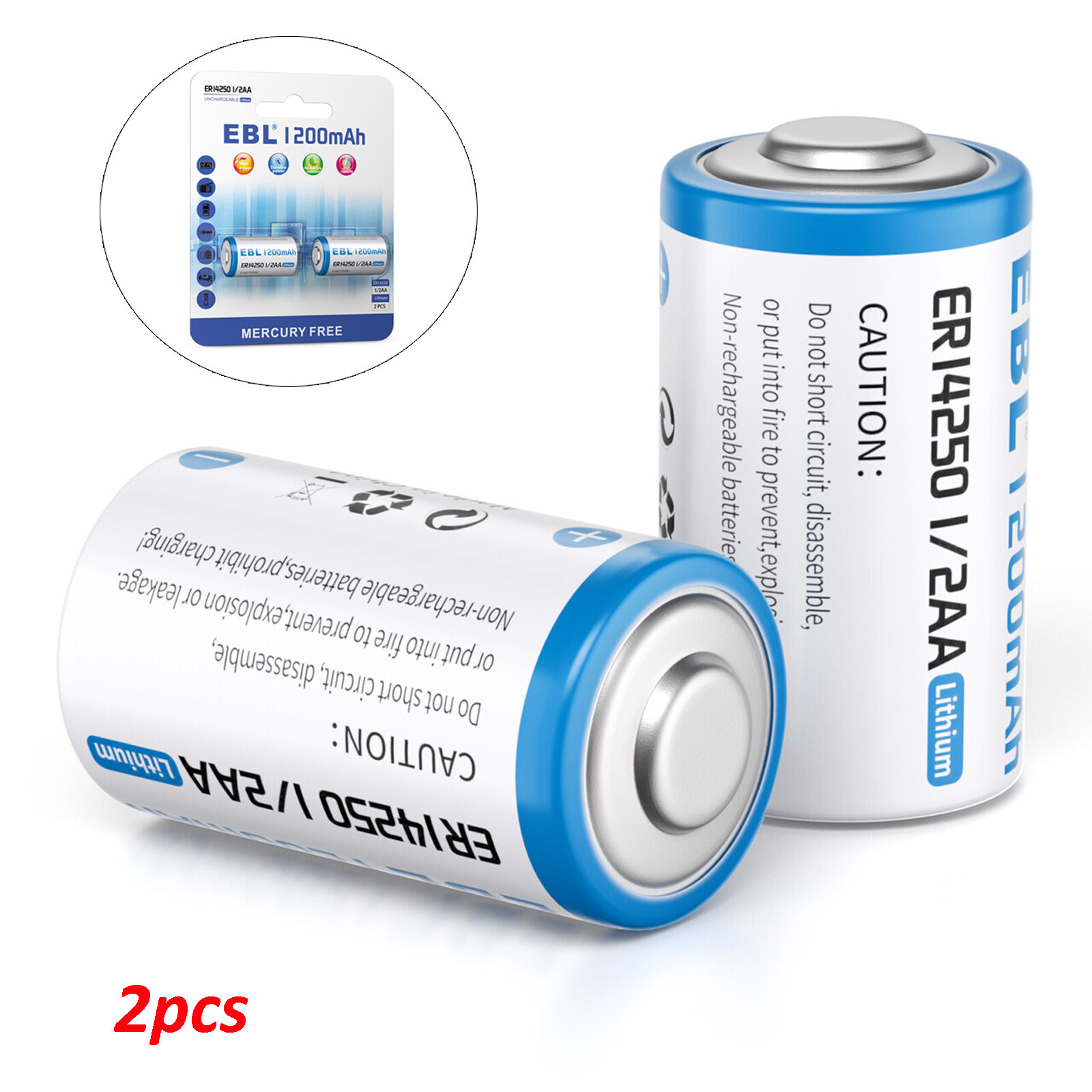 2PCS 3.6 Volt 1/2 AA Size Non-Rechargeable Lithium Battery 1200mAh Batteries EBL