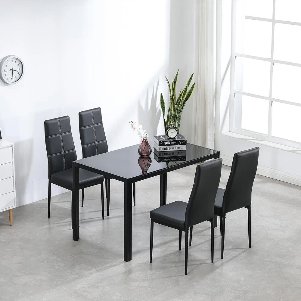 Ktaxon 5 piece glass dining table set with 4 faux leather chairs dining furniture black sale