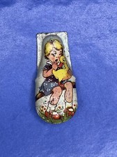 Clicker Girl Sitting With Duck , Tin German Made Vintage Litho Rare