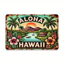 Vintage "Aloha Hawaii" Tin Metal Signs Rustic Wall Decor with Tropical Beach Sce
