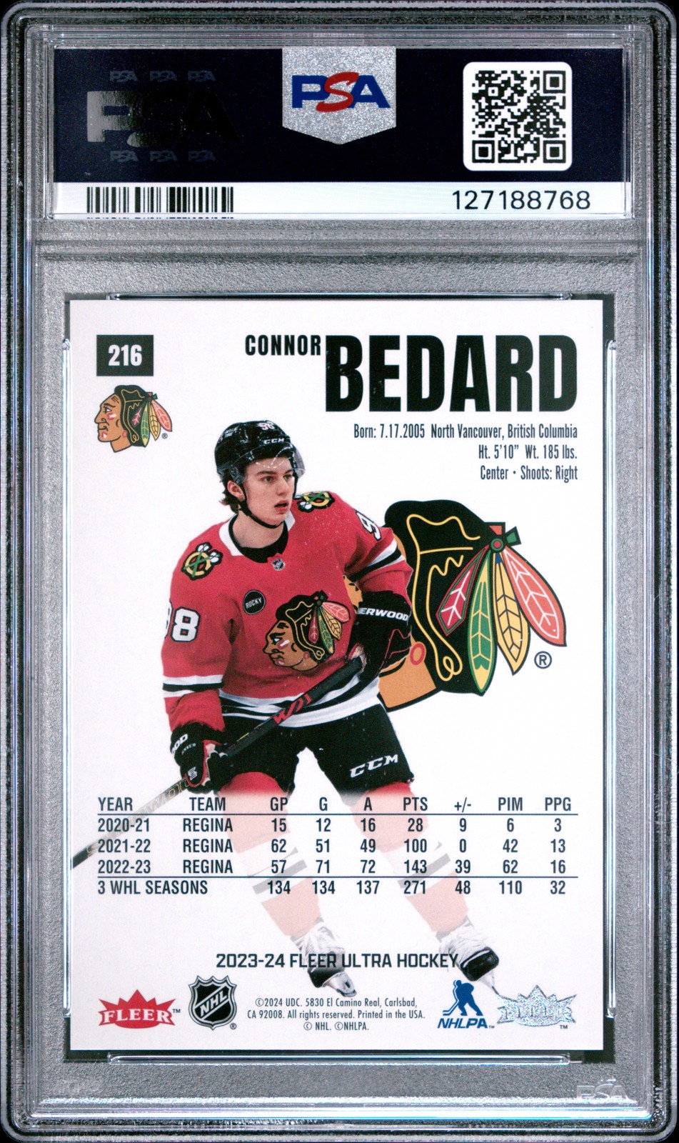 2023 FLEER ULTRA SILVER FOIL #216 CONNOR BEDARD ROOKIE RC PSA 9 view 2