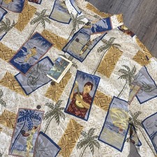 Vtg Reyn Spooner Ukulele Surfer Hula Palm Aloha Shirt Mens XL Hawaiian Button Up