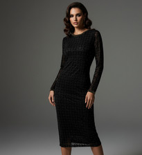$729 Nissa Designer Dress Black Midi Long Sleeve Diamond Pattern Beaded Stretch
