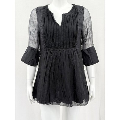 Gretchen Scott Top Womens Medium Black Pintuck Pleated Sheer Sleeve Witchy Tunic