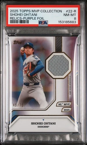 Shohei Ohtani 2025 Topps Mlb Mvp Collection Relic-Purple Foil /75 PSA 8