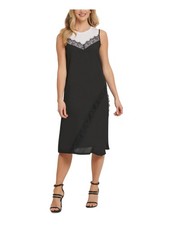 DKNY Womens Black Sleeveless Jewel Neck Below The Knee Shift Dress L