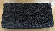 Vintage Bon Soir Italian Beaded Sequin Clutch Handmade Hong Kong Black Unused