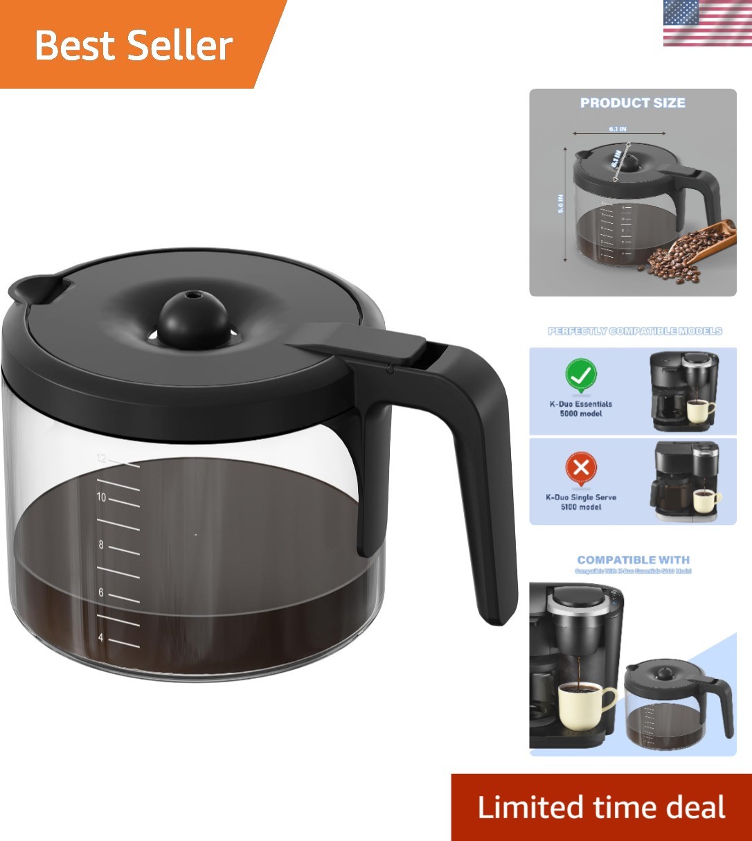 Carafe Replacement 12 Cups For Keurig K-duo K5600 Brewers