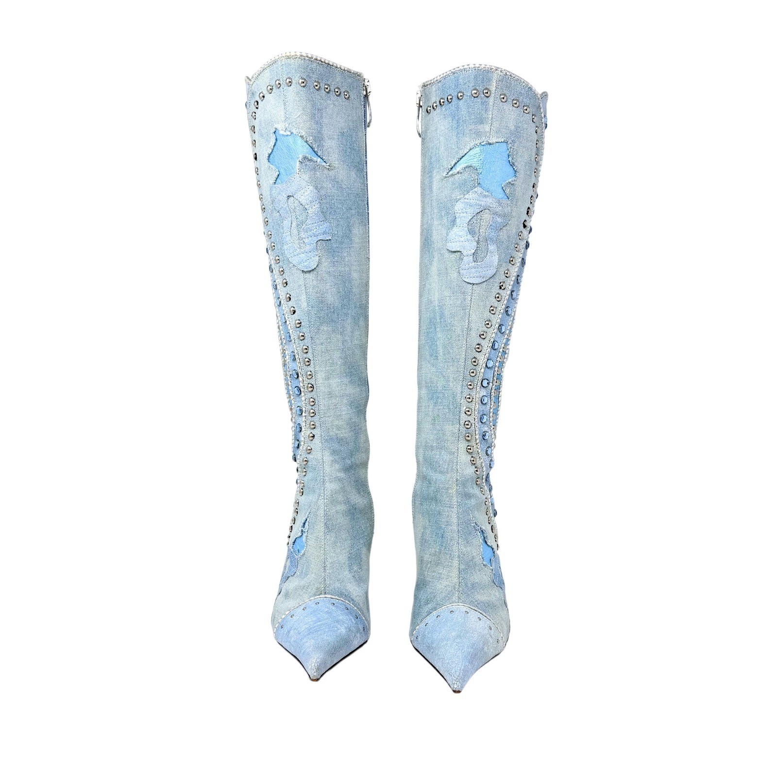 El Dantes Denim Patchwork Studded Rhinestone Knee… - image 5