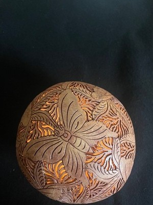 Hand carved Balinese Coconut shell Art Butterflies + Leaves Decorative Globe 