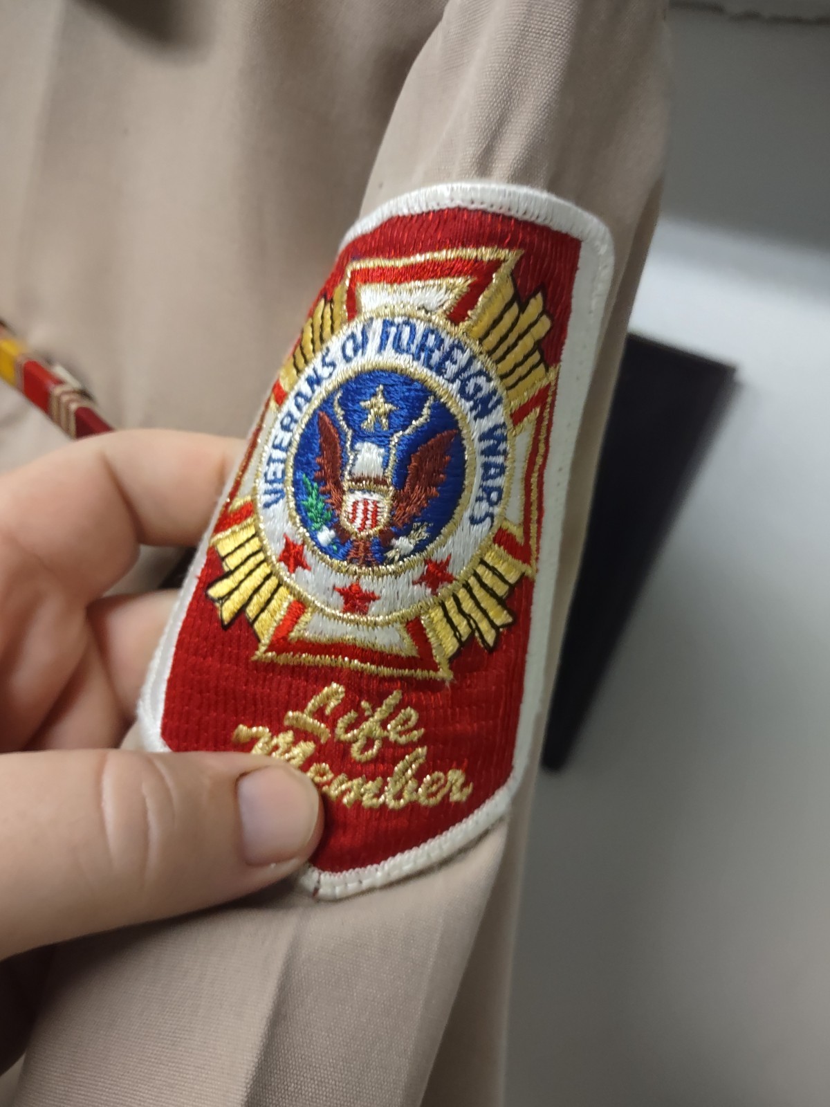 Vintage VFW Uniform Shirt 1970-80's Flying Cross Khaki Size 40-42 w. ribbons