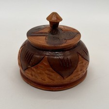 Hand-Crafted Wooden Trinket Box Round Lidded Carved Ornate Small Vintage