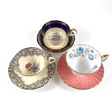 Lot of 3 Sets Aynsley Teacups And Saucers of Fine Bone China, 3 Vintage Patterns