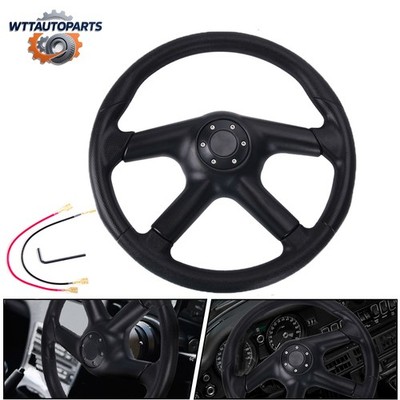14Inch Universal Leather Flat Dish Racing Steering Wheel 4 Spokes 6 Bolts Black