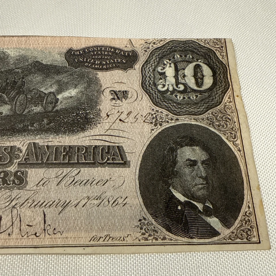 1864 Ten ($10) Dollar Bill CSA Note Confederate States of America Richmond - Image 4 of 4