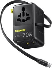 Baseus 70W Universal Travel Adapter with Retractable Cable, 6-in-1 International