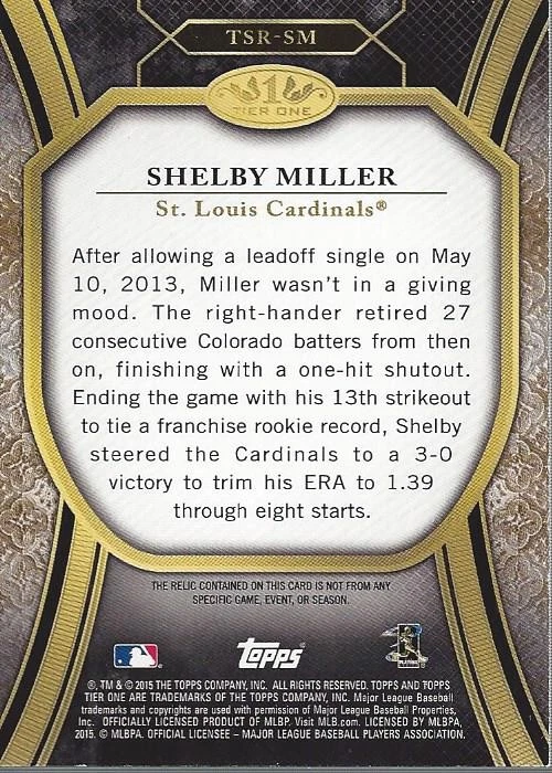 2015 Topps Tier One Relics #TSRSM Shelby Miller Jersey /399 - BB - Image 2 of 2