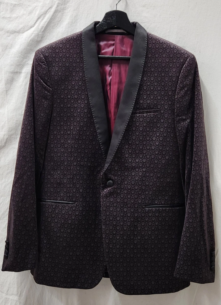POLITIX Burnett Tuxedo Jacket Mens sz M Slim Fit Plum Velour Floral Print #hng