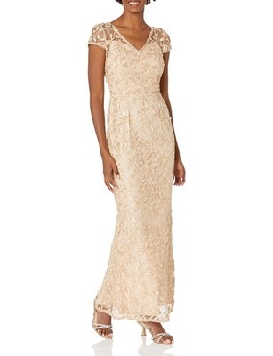 Adrianna Papell Women's  AP1E209204  Gold Metallic Embroidery Gown - with tag
