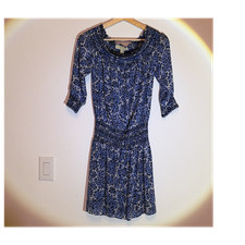  Michael Kors Blue Floral Smocked Ruffle Mini Dress Scoop Neck 3/4 XS