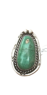 Sterling Silber Ring -ovale Form grüner Naturstein lang-- Größe 7,5