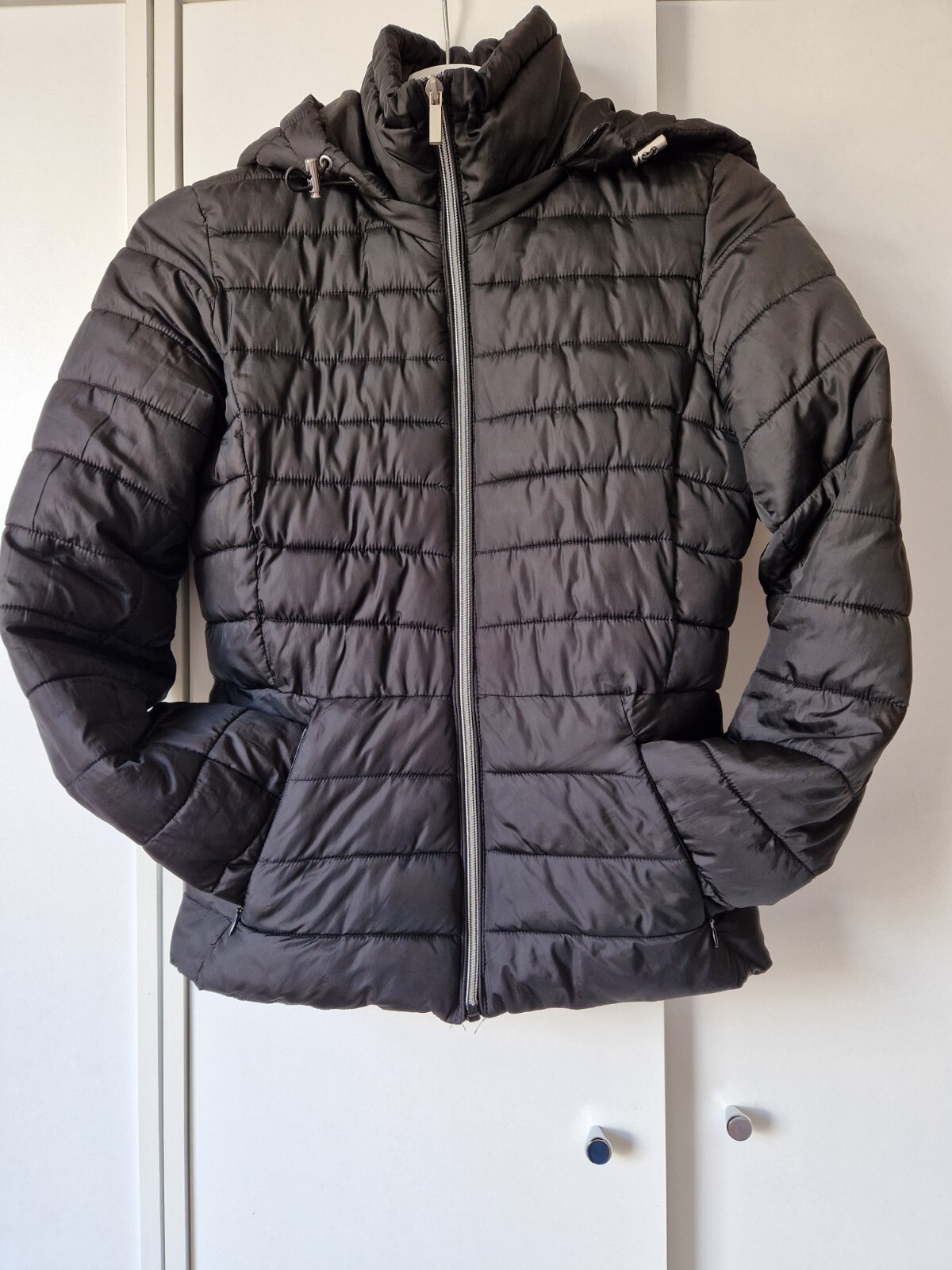 ZARA LADIES GIRLS BLACK PUFFER HOODED JACKET SIZE XS Zip Up Pockets