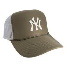 NEW YORK YANKEES CREAM TAN WHITE CAP 5 PANEL HIGH CROWN TRUCKER SNAPBACK VINTAGE